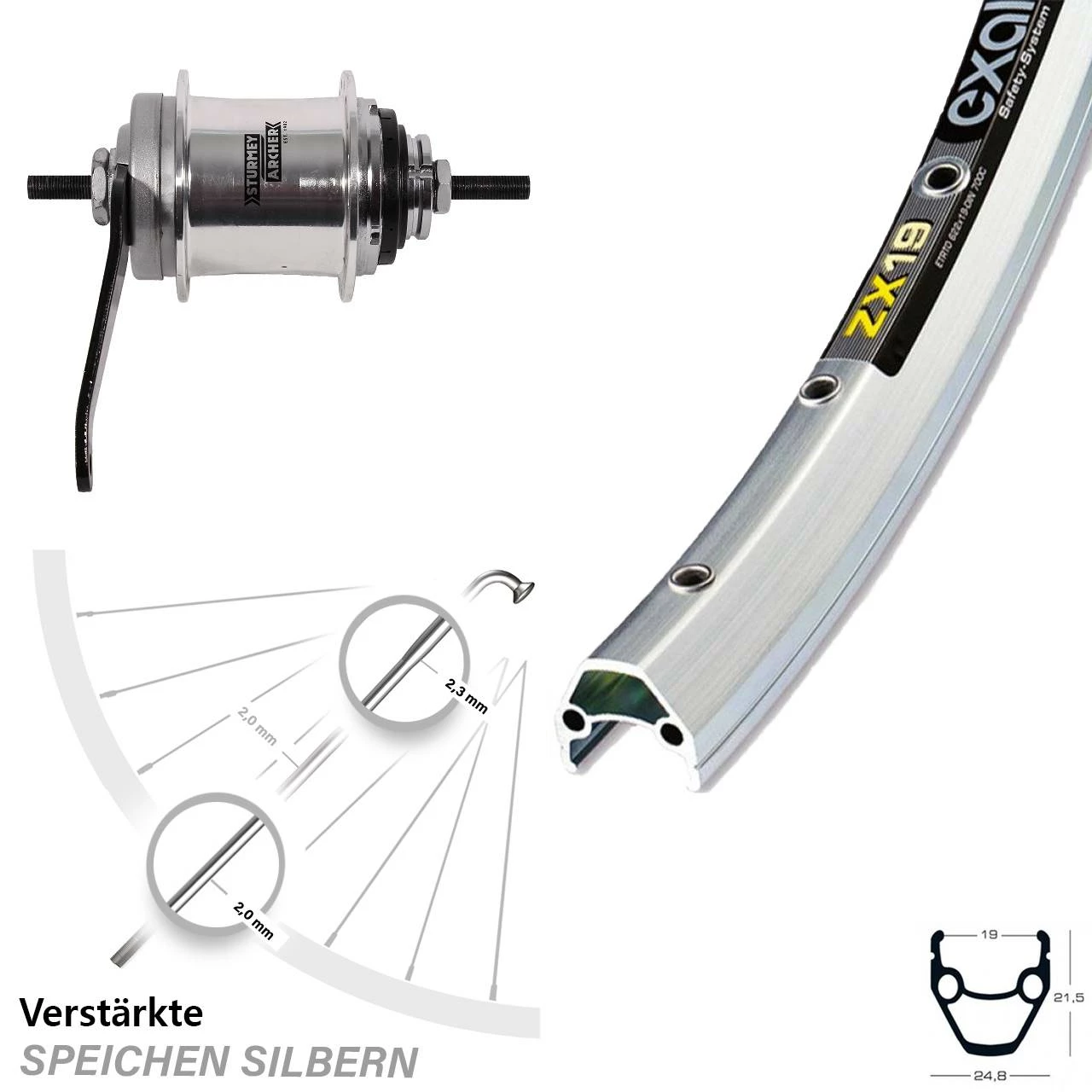 Exal Hinterrad Sturmey Archer 3-Gang 26 Zoll Silber - Hinterräder mit Rücktrittbremse für Trekking- und Citybikes 1 Exal Hinterrad Sturmey Archer 3-Gang 26 Zoll Silber - Hinterräder mit Rücktrittbremse für Trekking- und Citybikes