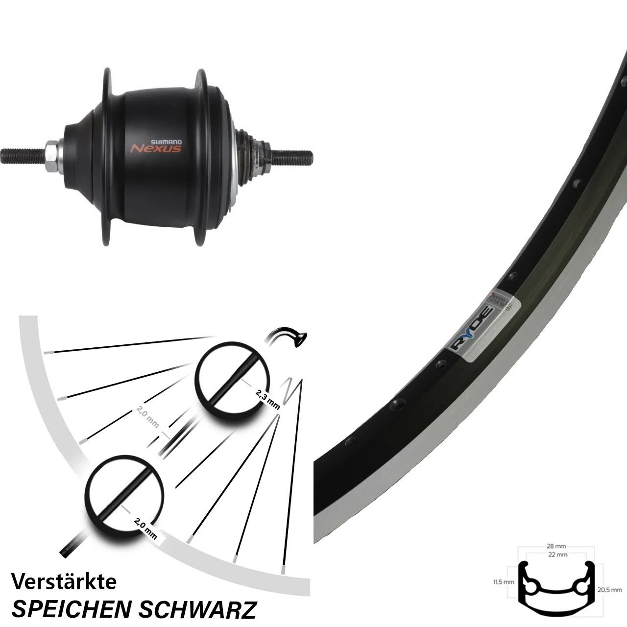 28 Zoll Ryde Hinterrad Andra 35 mit Shimano Nexus 8-Gang Nabenschaltung - Premium Schwarz 1 28 Zoll Ryde Hinterrad Andra 35 mit Shimano Nexus 8-Gang Nabenschaltung - Premium Schwarz