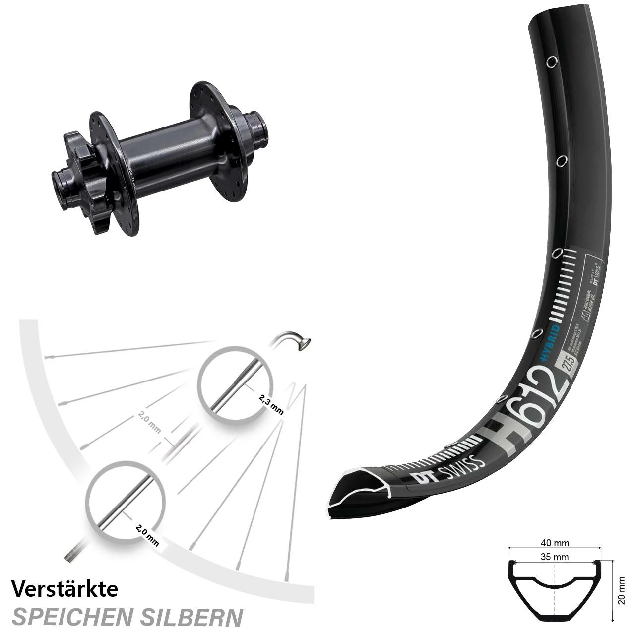 DT Swiss H 612 Vorderrad 27,5+ Zoll Mit Aivee Boost Nabe - Für E-Bike/Vorderräder 1 DT Swiss H 612 Vorderrad 27,5+ Zoll Mit Aivee Boost Nabe - Für E-Bike/Vorderräder