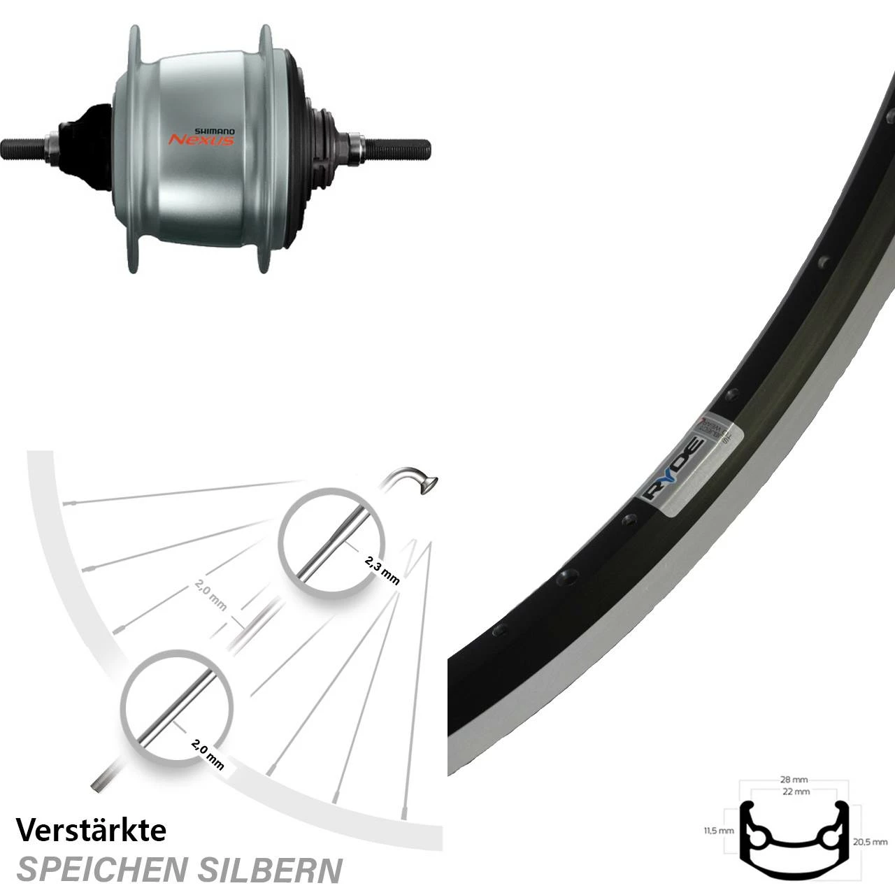 Hinterrad 28 Zoll Ryde Andra 35 mit Shimano Nexus 8-Gang Nabenschaltung - Hochwertiges E-Bike Hinterrad 1 Hinterrad 28 Zoll Ryde Andra 35 mit Shimano Nexus 8-Gang Nabenschaltung - Hochwertiges E-Bike Hinterrad