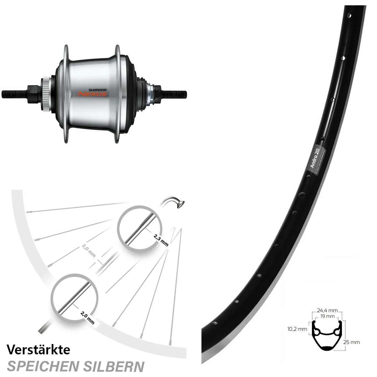 Hinterrad 28 Zoll mit Shimano Nexus 7-Gang Nabenschaltung für E-Bikes | Ryde Andra 20 1 Hinterrad 28 Zoll mit Shimano Nexus 7-Gang Nabenschaltung für E-Bikes | Ryde Andra 20