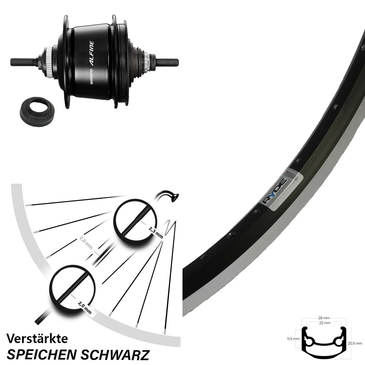 26 Zoll Ryde Andra 35 Hinterrad mit Shimano Alfine 8-Gang Nabenschaltung - Schwarz 1 26 Zoll Ryde Andra 35 Hinterrad mit Shimano Alfine 8-Gang Nabenschaltung - Schwarz