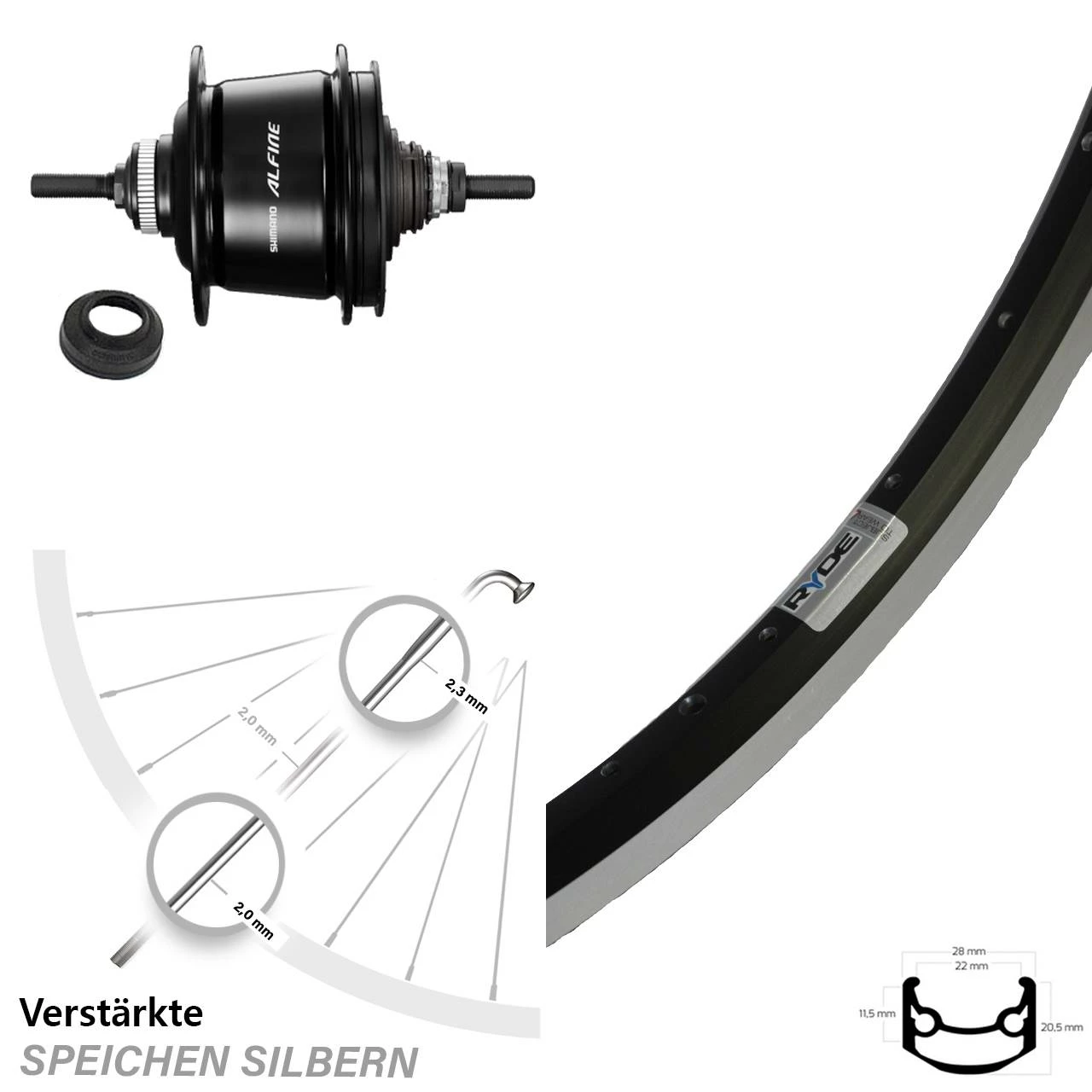 26 Zoll Ryde Andra 35 Hinterrad mit Shimano Alfine 8-Gang Nabenschaltung - Ideal für E-Bikes 1 26 Zoll Ryde Andra 35 Hinterrad mit Shimano Alfine 8-Gang Nabenschaltung - Ideal für E-Bikes