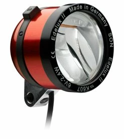 SON Edelux 2 Scheinwerfer Rot Eloxiert inkl. 60 cm Kabel - Hochwertige Dynamo-Beleuchtung