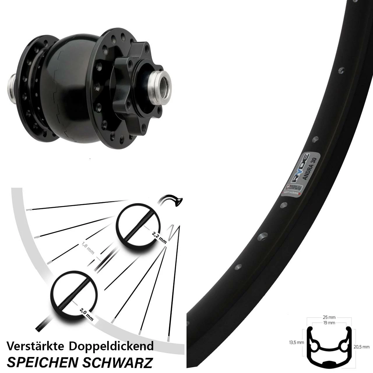 Ryde Nabendynamo SON 28 Andra 30 Disc Vorderrad 28 Zoll 12x100 mm Steckachse - Für Lastenfahrräder 1 Ryde Nabendynamo SON 28 Andra 30 Disc Vorderrad 28 Zoll 12x100 mm Steckachse - Für Lastenfahrräder