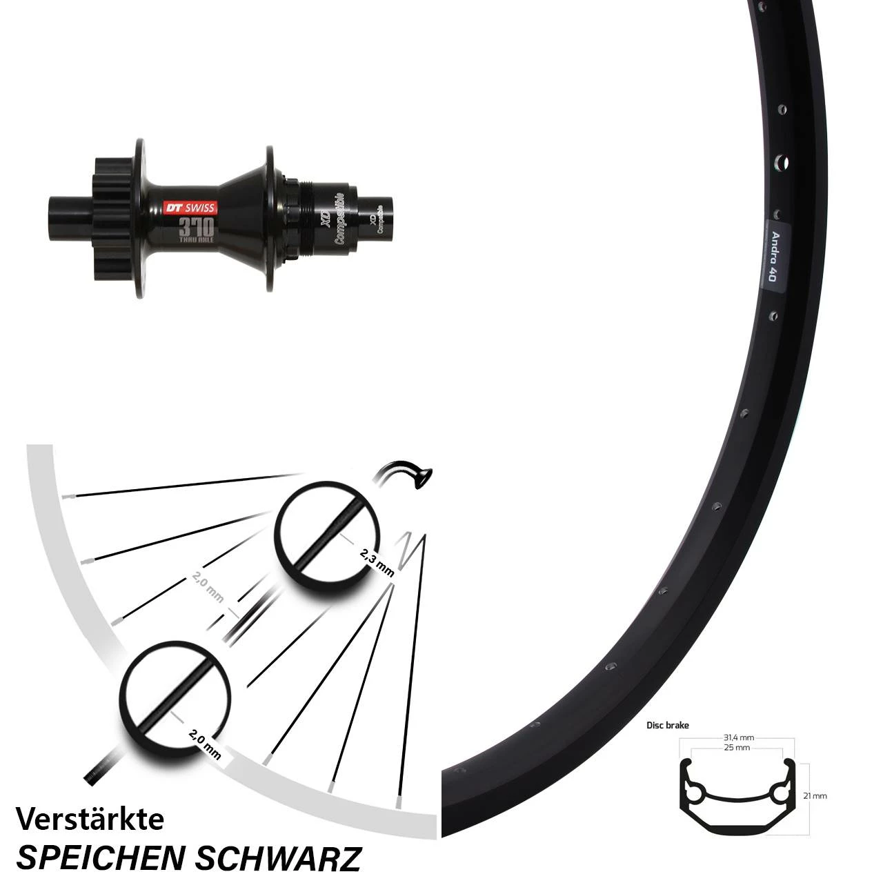 DT Swiss 370 Ryde Andra 40 Disc Laufrad 27,5 Zoll für SRAM XD - Hinterrad für Lastenfahrrad 1 DT Swiss 370 Ryde Andra 40 Disc Laufrad 27,5 Zoll für SRAM XD - Hinterrad für Lastenfahrrad