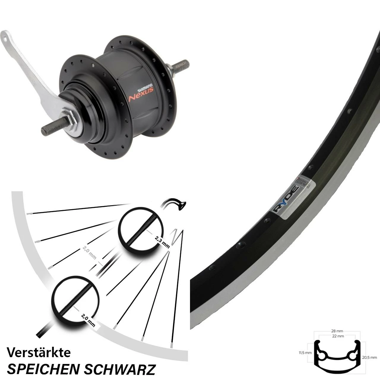 Hinterrad 28 Zoll Ryde Andra 35 mit Shimano Nexus 8-Gang Nabenschaltung, Rücktritt, Schwarz – Für E-Bikes 1 Hinterrad 28 Zoll Ryde Andra 35 mit Shimano Nexus 8-Gang Nabenschaltung, Rücktritt, Schwarz – Für E-Bikes