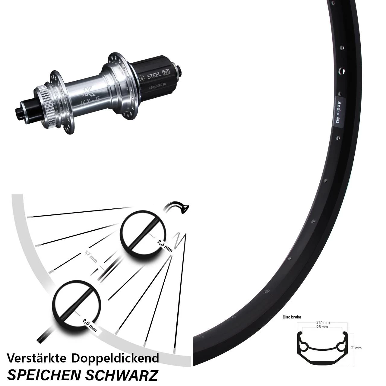 26 Zoll Hinterrad Ryde Andra 40 Disc mit KX-GS 5x135 Centerlock Nabe - Silbern Eloxiert - Für Lastenfahrrad 1 26 Zoll Hinterrad Ryde Andra 40 Disc mit KX-GS 5x135 Centerlock Nabe - Silbern Eloxiert - Für Lastenfahrrad