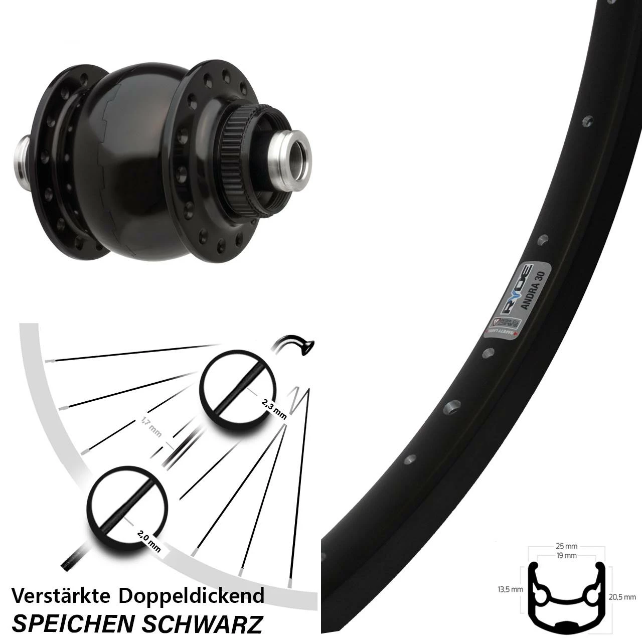 Ryde Nabendynamo SON Delux Schwarz 12x100 mm - Andra 30 Disc Vorderrad für 28-29 Zoll Lastenfahrräder 1 Ryde Nabendynamo SON Delux Schwarz 12x100 mm - Andra 30 Disc Vorderrad für 28-29 Zoll Lastenfahrräder