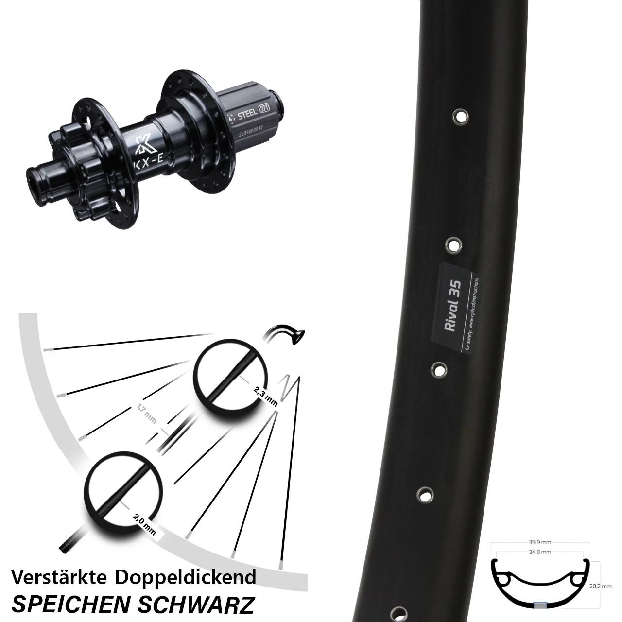 27,5+ Zoll Hinterrad Verstärkt Ryde Rival 35 Disc mit KX-E Nabe 12x142 mm 6-Loch 11-fach - Für Lastenfahrrad 1 27,5+ Zoll Hinterrad Verstärkt Ryde Rival 35 Disc mit KX-E Nabe 12x142 mm 6-Loch 11-fach - Für Lastenfahrrad