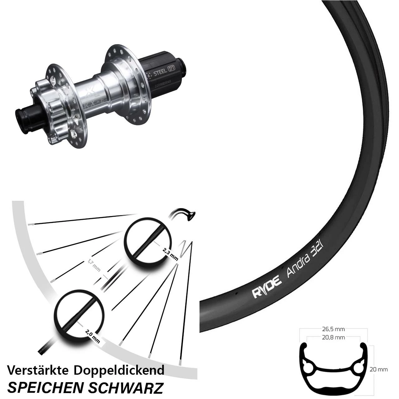 27,5 Zoll Hinterrad Ryde Andra 321 mit KX-E Nabe Silbern 12x142 mm 6-Loch 11-fach | Für Lastenfahrrad & Kettenschaltung 1 27,5 Zoll Hinterrad Ryde Andra 321 mit KX-E Nabe Silbern 12x142 mm 6-Loch 11-fach | Für Lastenfahrrad & Kettenschaltung