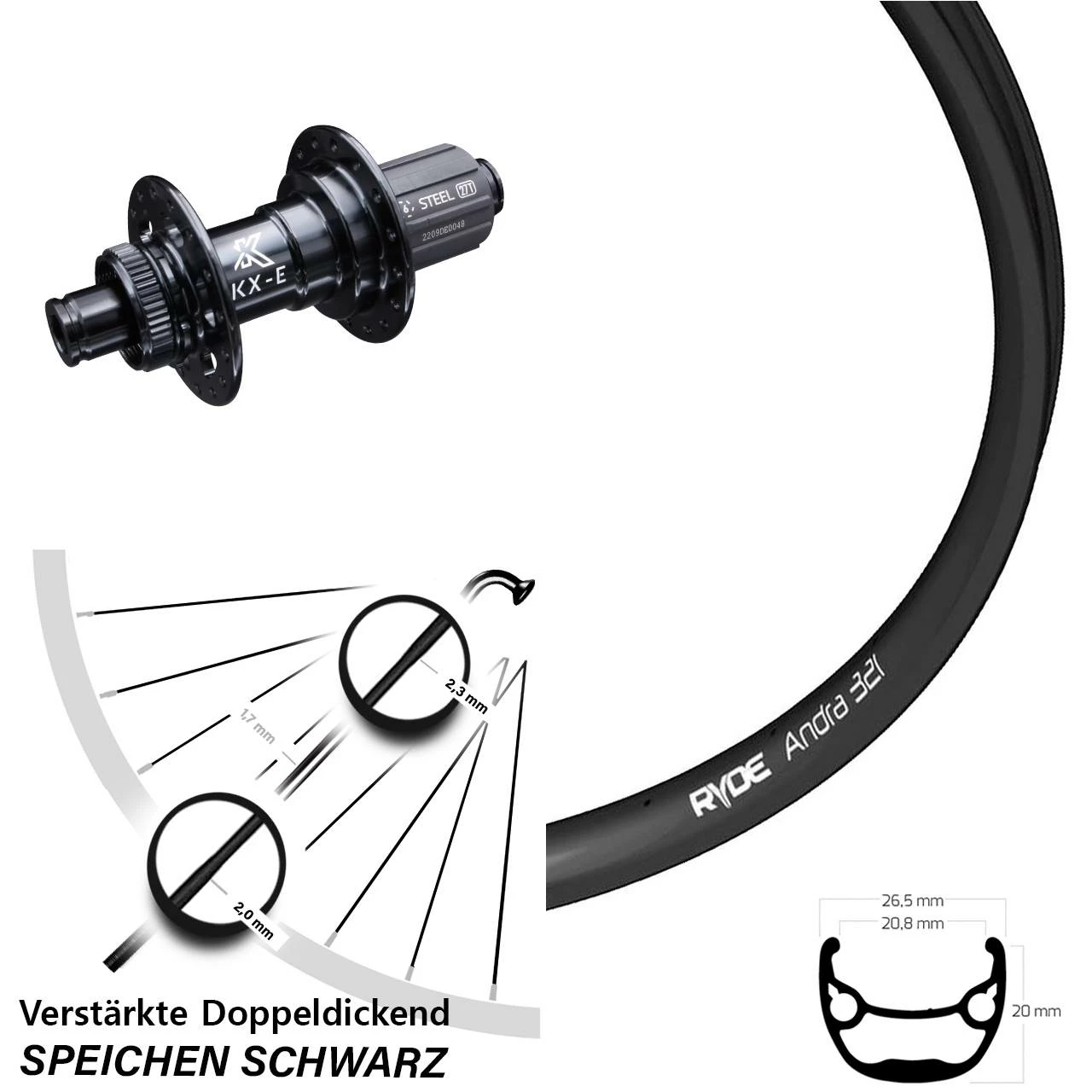 Ryde Andra 321 Hinterrad 27,5 Zoll Verstärkt Steckachse KX-E Nabe 11-fach - Hochwertiges Hinterrad für Lastenfahrräder 1 Ryde Andra 321 Hinterrad 27,5 Zoll Verstärkt Steckachse KX-E Nabe 11-fach - Hochwertiges Hinterrad für Lastenfahrräder