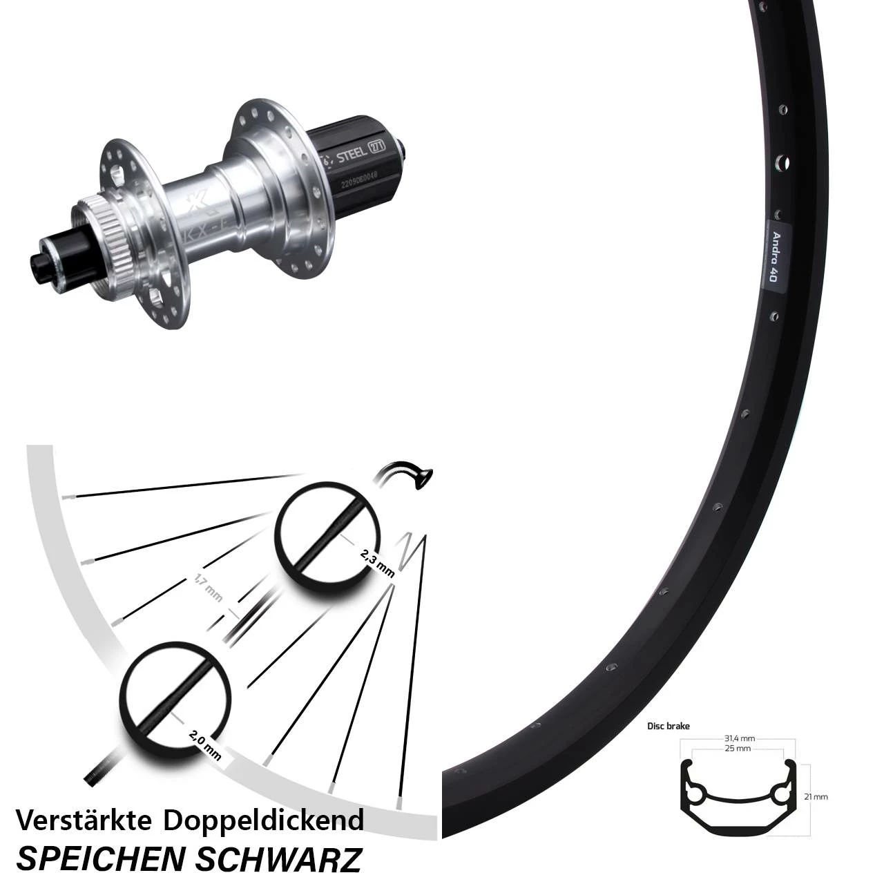 27,5 Zoll Hinterrad Ryde Andra 40 Disc mit KX-E Nabe Silbern 5x135 mm Centerlock 11-fach - Hochwertiges Hinterrad für Lastenfahrräder 1 27,5 Zoll Hinterrad Ryde Andra 40 Disc mit KX-E Nabe Silbern 5x135 mm Centerlock 11-fach - Hochwertiges Hinterrad für Lastenfahrräder
