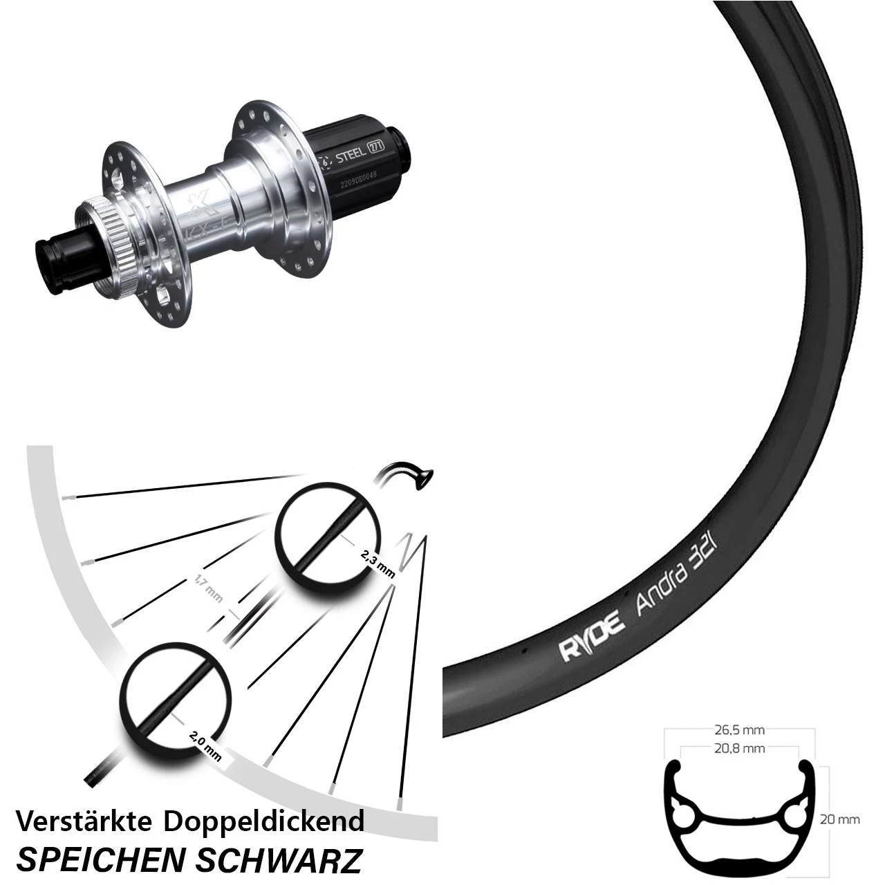 27,5 Zoll Hinterrad Ryde Andra 321 KX-E Silbern-eloxiert 12x142 mm Centerlock - Hochwertiges Hinterrad für Lastenfahrräder 1 27,5 Zoll Hinterrad Ryde Andra 321 KX-E Silbern-eloxiert 12x142 mm Centerlock - Hochwertiges Hinterrad für Lastenfahrräder