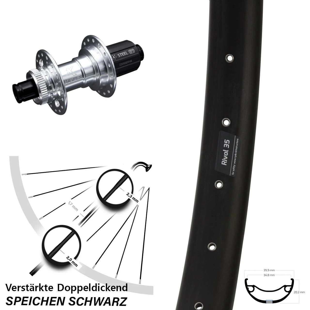 27,5+ Zoll Hinterrad Verstärkt Ryde Rival 35 Disc KX-E Silbern-eloxiert 12x142 mm - Für Lastenfahrrad & Kettenschaltung 1 27,5+ Zoll Hinterrad Verstärkt Ryde Rival 35 Disc KX-E Silbern-eloxiert 12x142 mm - Für Lastenfahrrad & Kettenschaltung
