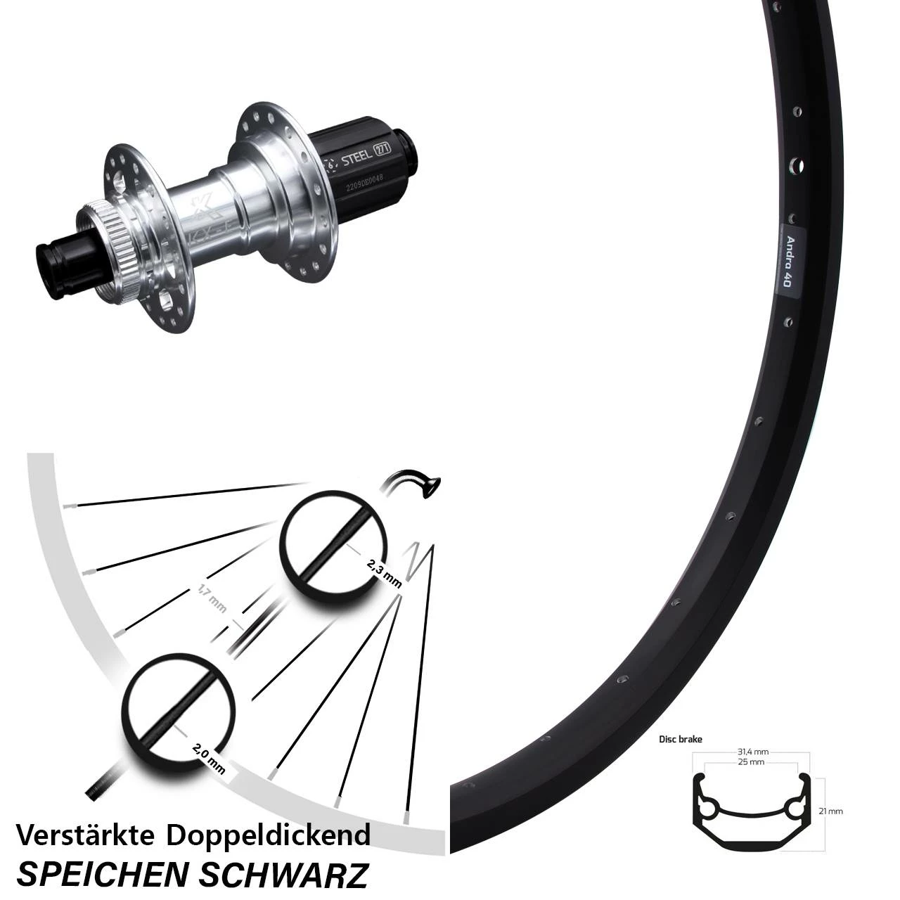 Ryde Andra 40 Disc Hinterrad 26 Zoll - Verstärkte KX-E Nabe 12x142 mm für Lastenfahrräder 1 Ryde Andra 40 Disc Hinterrad 26 Zoll - Verstärkte KX-E Nabe 12x142 mm für Lastenfahrräder