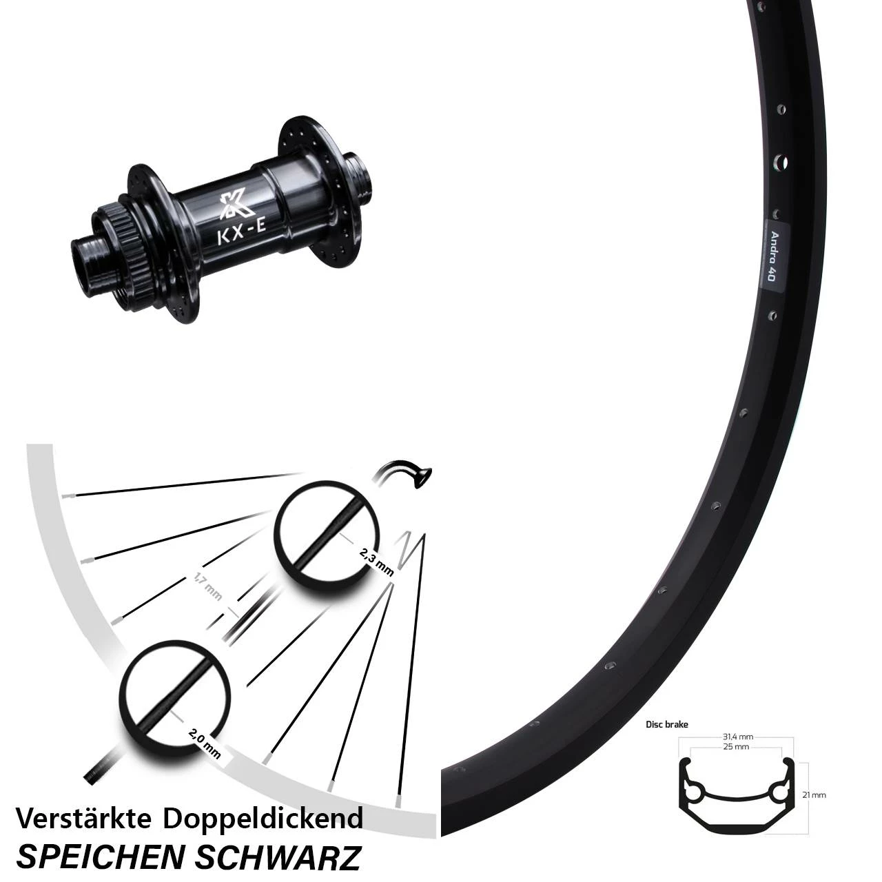 Ryde Andra 40 Disc Vorderrad 28-29 Zoll - KX-E Steckachse 15x100 Nabe - Ideal für E-Bikes 1 Ryde Andra 40 Disc Vorderrad 28-29 Zoll - KX-E Steckachse 15x100 Nabe - Ideal für E-Bikes
