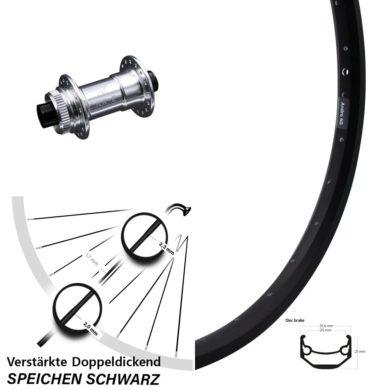 Ryde Andra 40 Disc Vorderrad 28-29 Zoll mit KX-E Steckachse 15x100 Nabe - Silbern-eloxiert - Für E-Bike 1 Ryde Andra 40 Disc Vorderrad 28-29 Zoll mit KX-E Steckachse 15x100 Nabe - Silbern-eloxiert - Für E-Bike