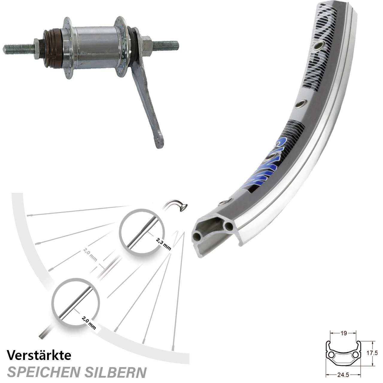 Exal 26 Zoll Hinterrad MX 19 mit Shimano 1-Gang Rücktrittnabe, silbern - Hinterräder mit Rücktrittbremse für Trekking- und Citybikes 1 Exal 26 Zoll Hinterrad MX 19 mit Shimano 1-Gang Rücktrittnabe, silbern - Hinterräder mit Rücktrittbremse für Trekking- und Citybikes