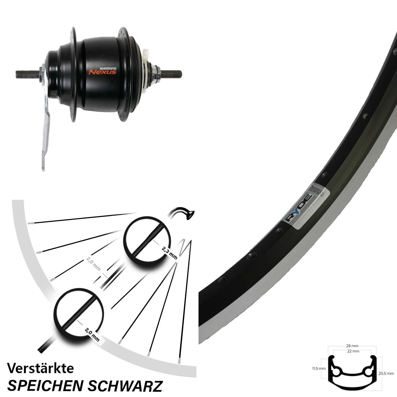 Hinterrad 28 Zoll Ryde Andra 35 Shimano Nexus 8-Gang Rücktritt Schwarz - Hochwertiges E-Bike Hinterrad mit Nabenschaltung 1 Hinterrad 28 Zoll Ryde Andra 35 Shimano Nexus 8-Gang Rücktritt Schwarz - Hochwertiges E-Bike Hinterrad mit Nabenschaltung