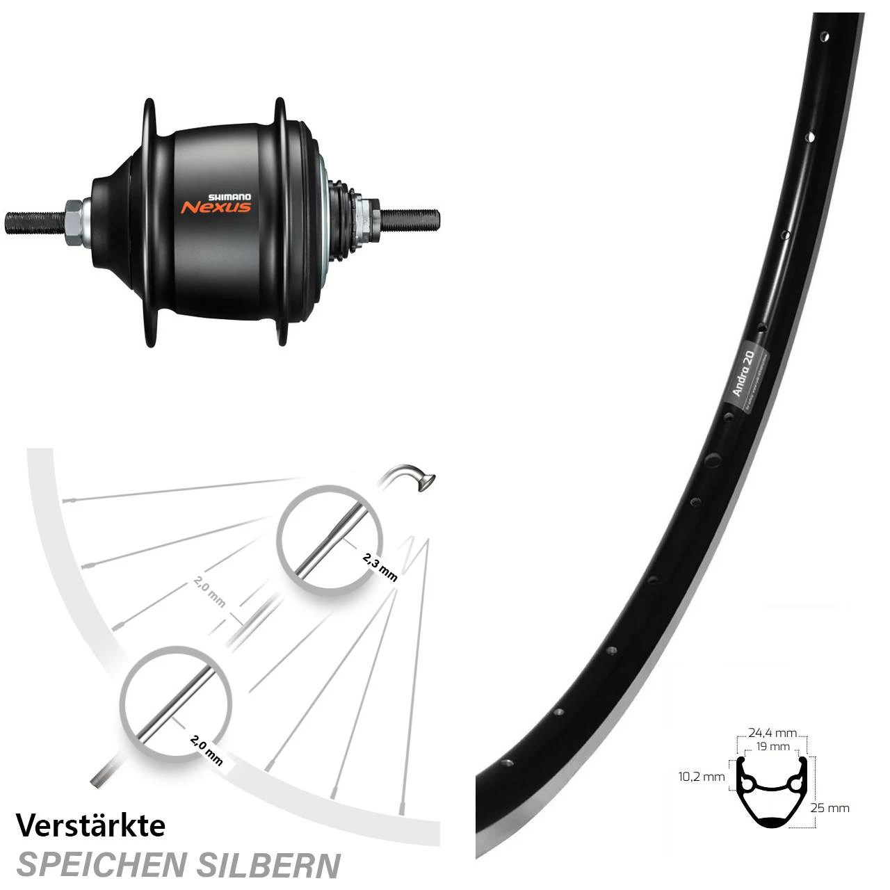 Hinterrad 28 Zoll Ryde Andra 20 mit Shimano Nexus 8-Gang Nabenschaltung - Schwarz