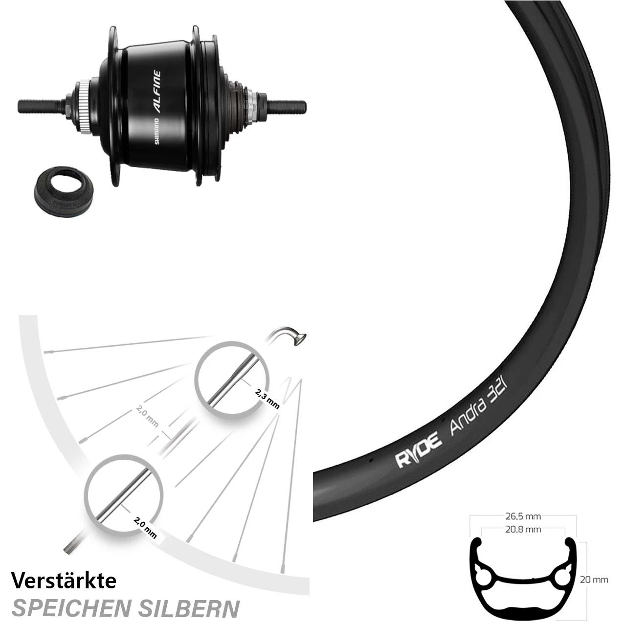 Ryde Disc Hinterrad 28 Zoll Andra 321 mit Shimano Alfine 8-Gang Nabenschaltung - Für E-Bike 1 Ryde Disc Hinterrad 28 Zoll Andra 321 mit Shimano Alfine 8-Gang Nabenschaltung - Für E-Bike